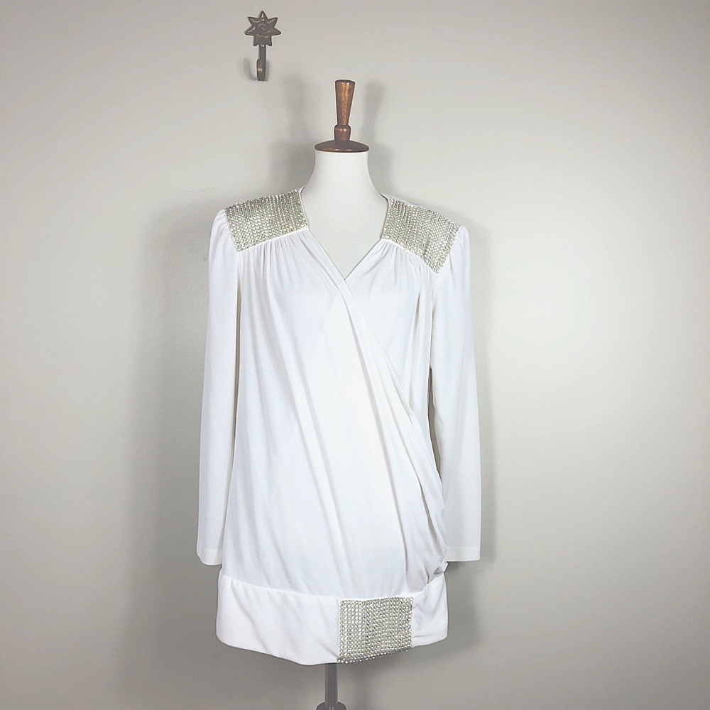 Vtg Rhinestone Tunic Wrap Blouse